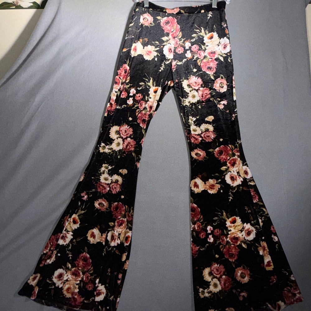 Valija Small Floral Velvet Flare Leg Pants Boho Whimsygoth 70s Festival Hippie